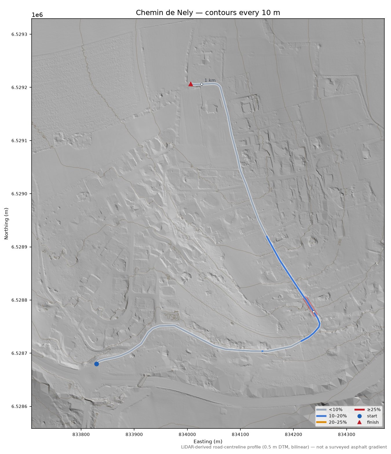 Chemin de Nely LiDAR hillshade map with contours