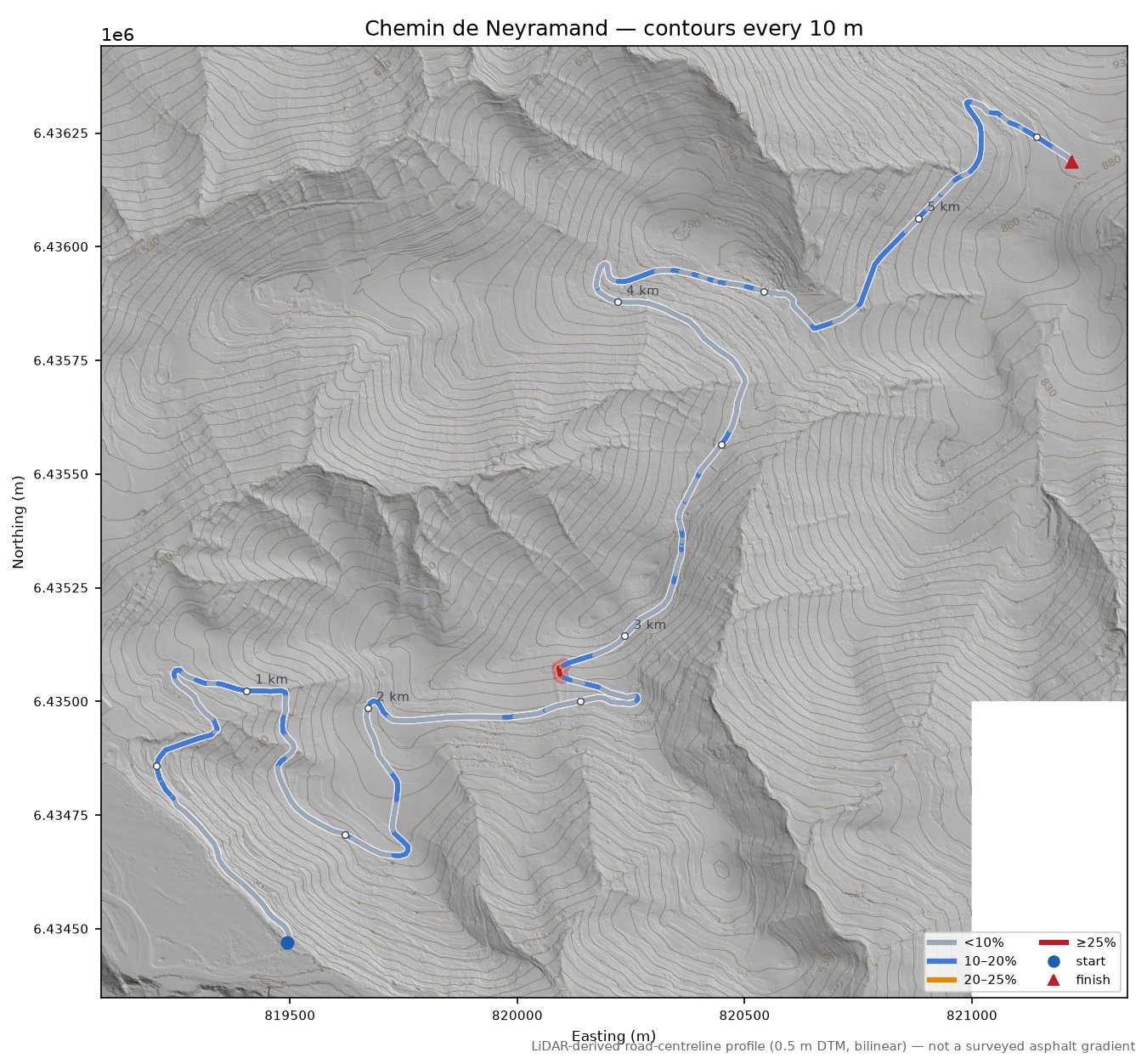 Chemin de Neyramand LiDAR hillshade map with contours