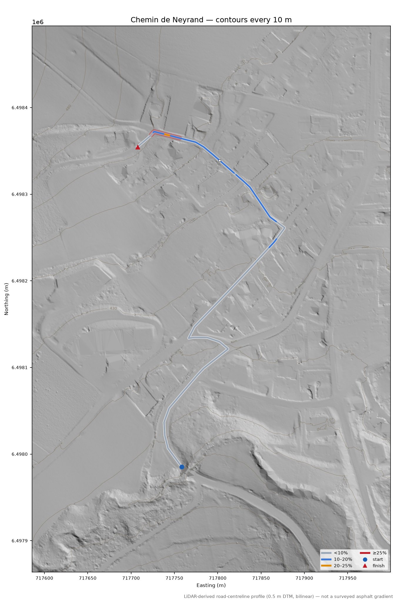 Chemin de Neyrand LiDAR hillshade map with contours