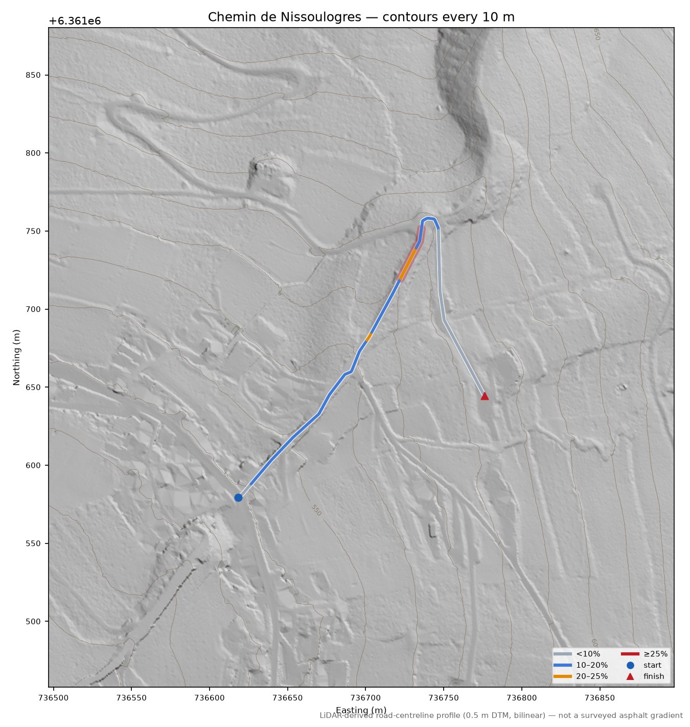 Chemin de Nissoulogres LiDAR hillshade map with contours