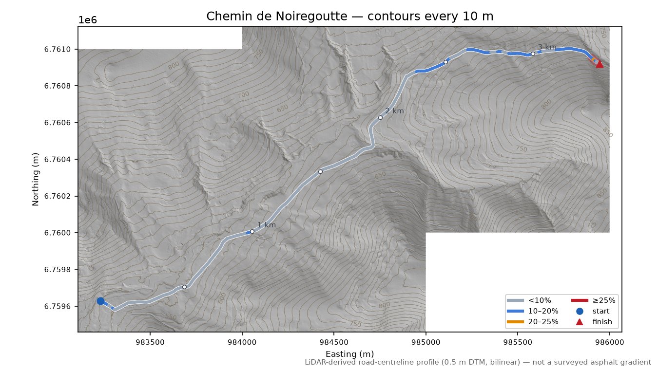 Chemin de Noiregoutte LiDAR hillshade map with contours
