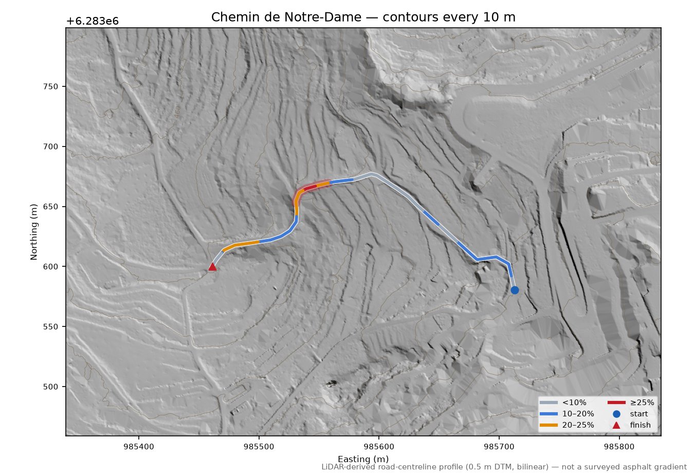 Chemin de Notre-Dame LiDAR hillshade map with contours