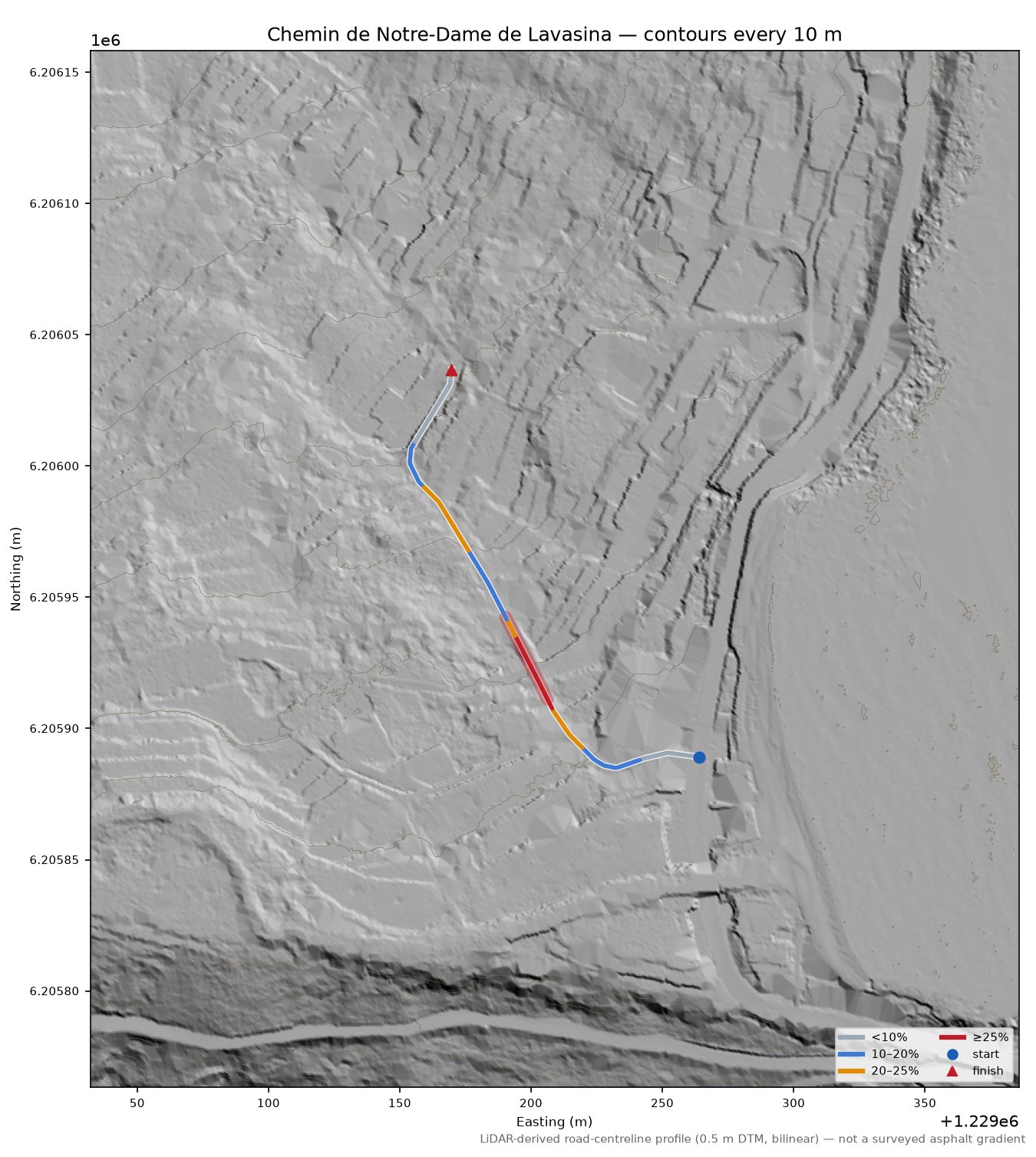 Chemin de Notre-Dame de Lavasina LiDAR hillshade map with contours