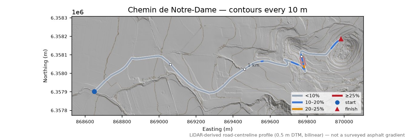 Chemin de Notre-Dame LiDAR hillshade map with contours