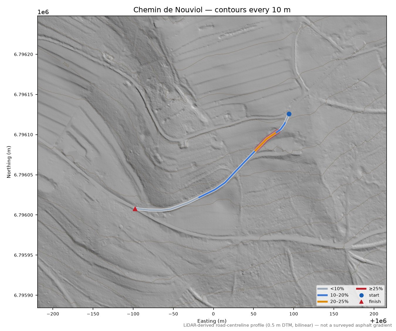 Chemin de Nouviol LiDAR hillshade map with contours