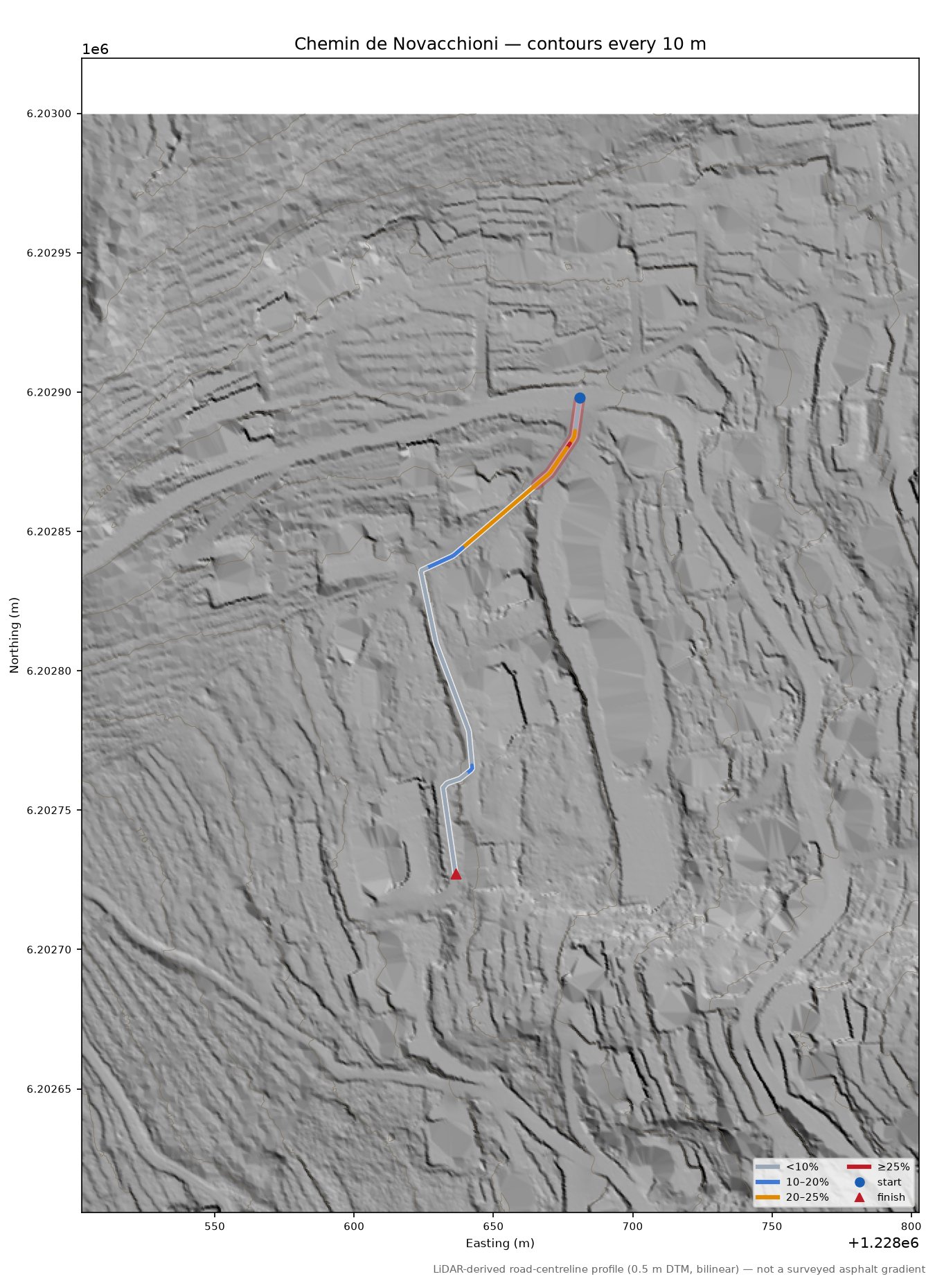Chemin de Novacchioni LiDAR hillshade map with contours