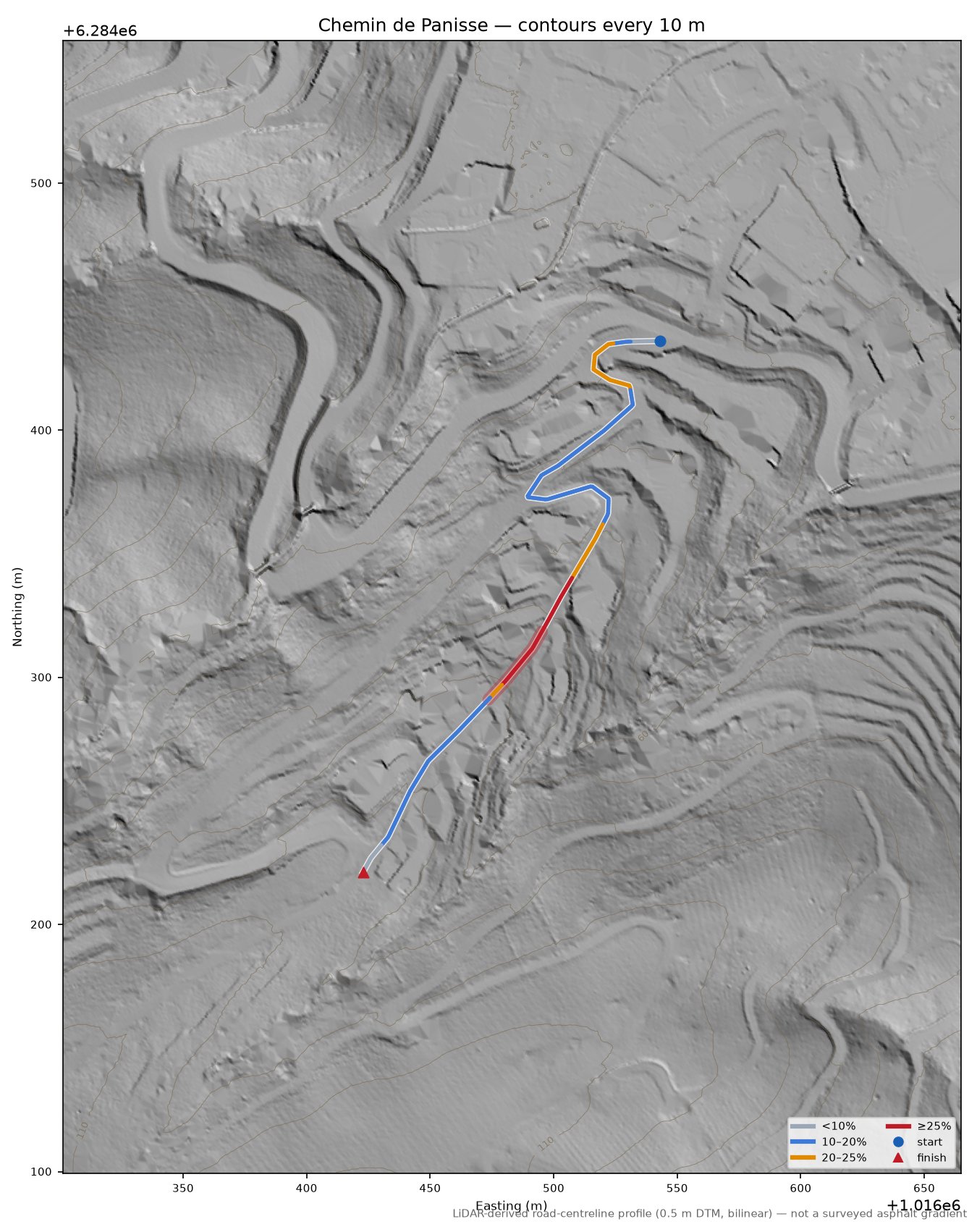 Chemin de Panisse LiDAR hillshade map with contours