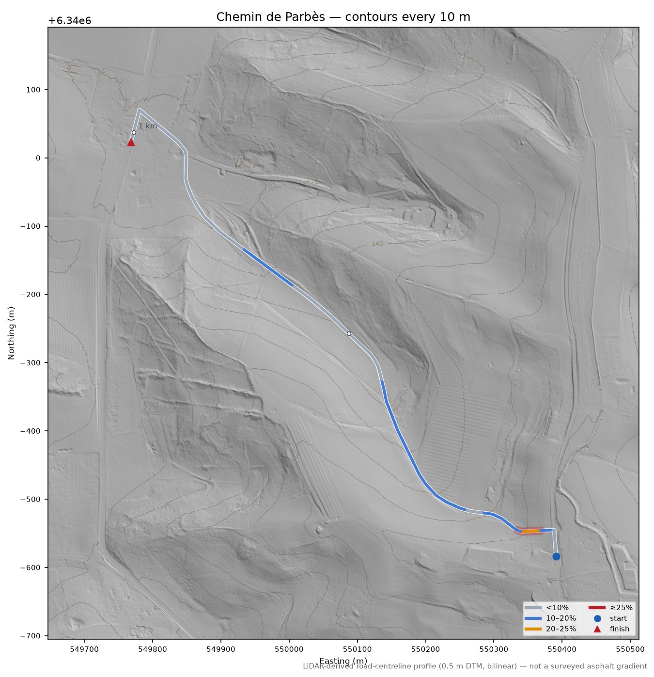 Chemin de Parbès LiDAR hillshade map with contours