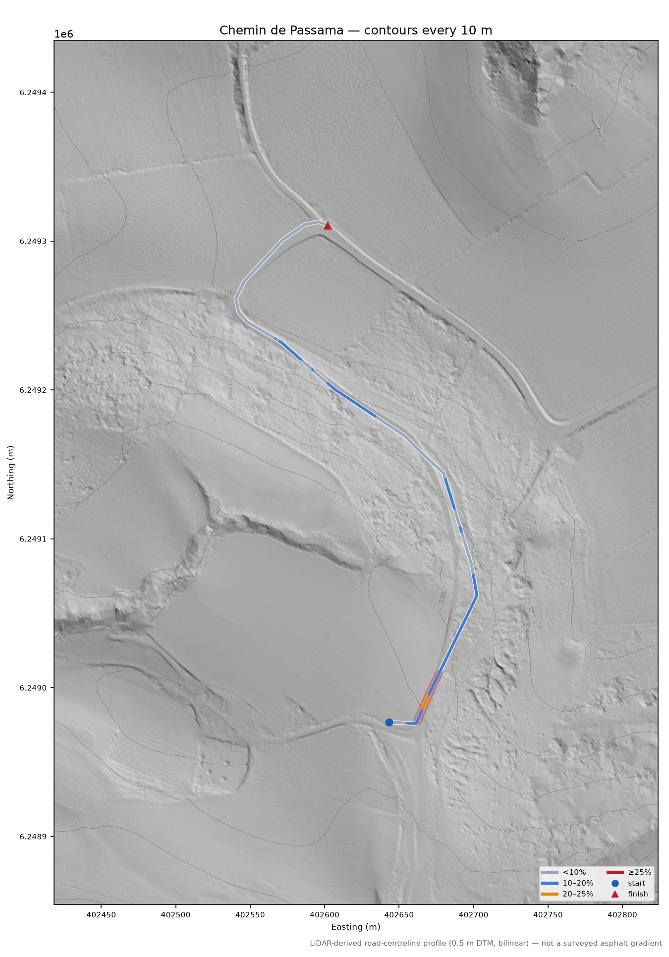Chemin de Passama LiDAR hillshade map with contours