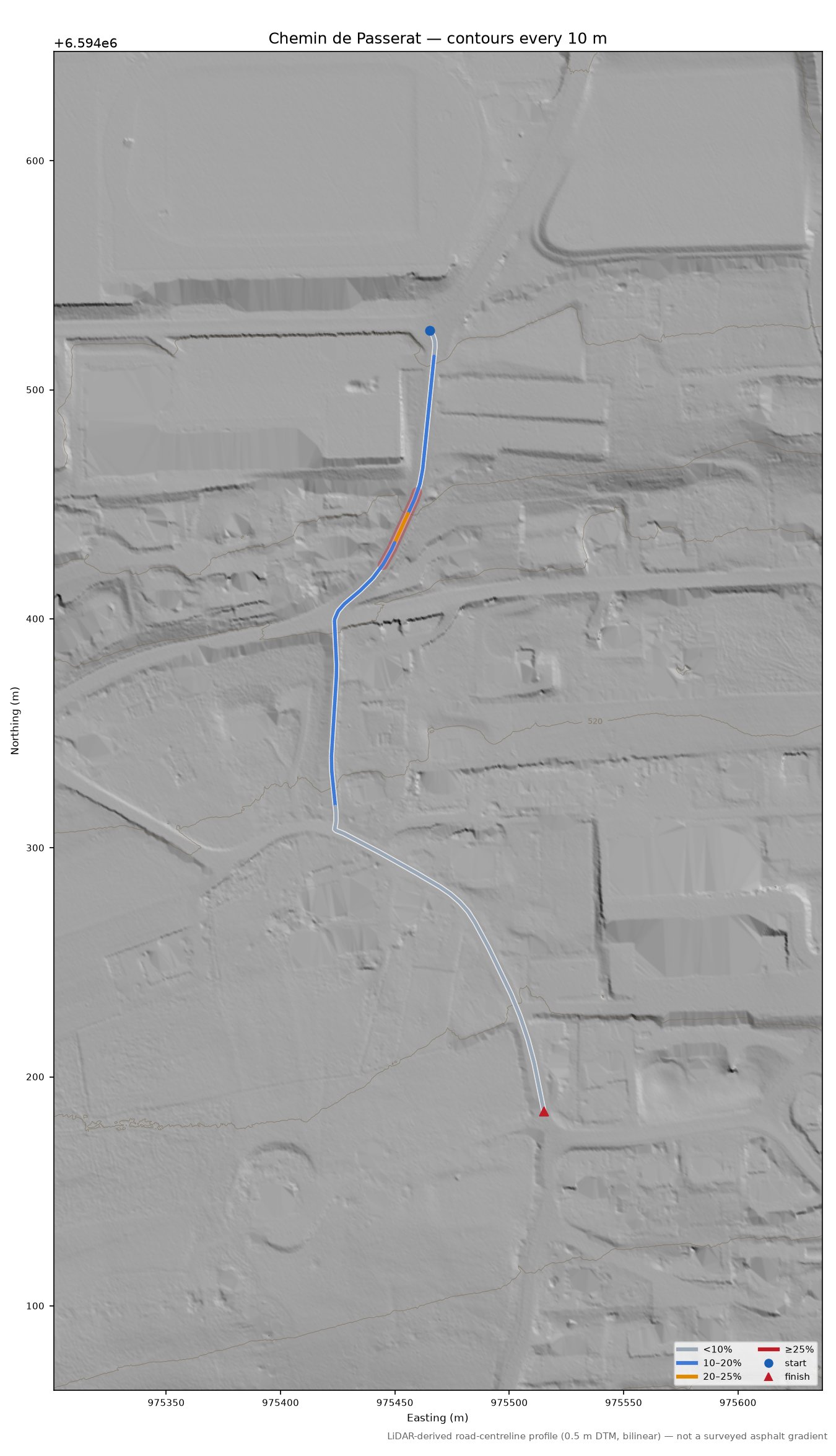 Chemin de Passerat LiDAR hillshade map with contours