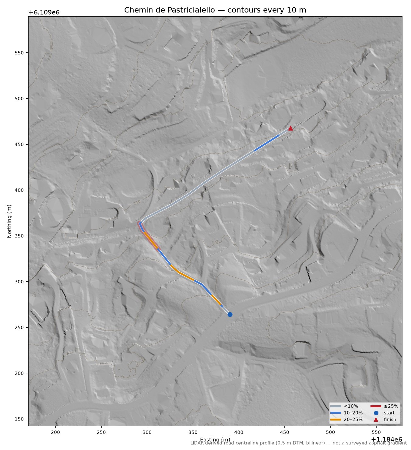 Chemin de Pastricialello LiDAR hillshade map with contours