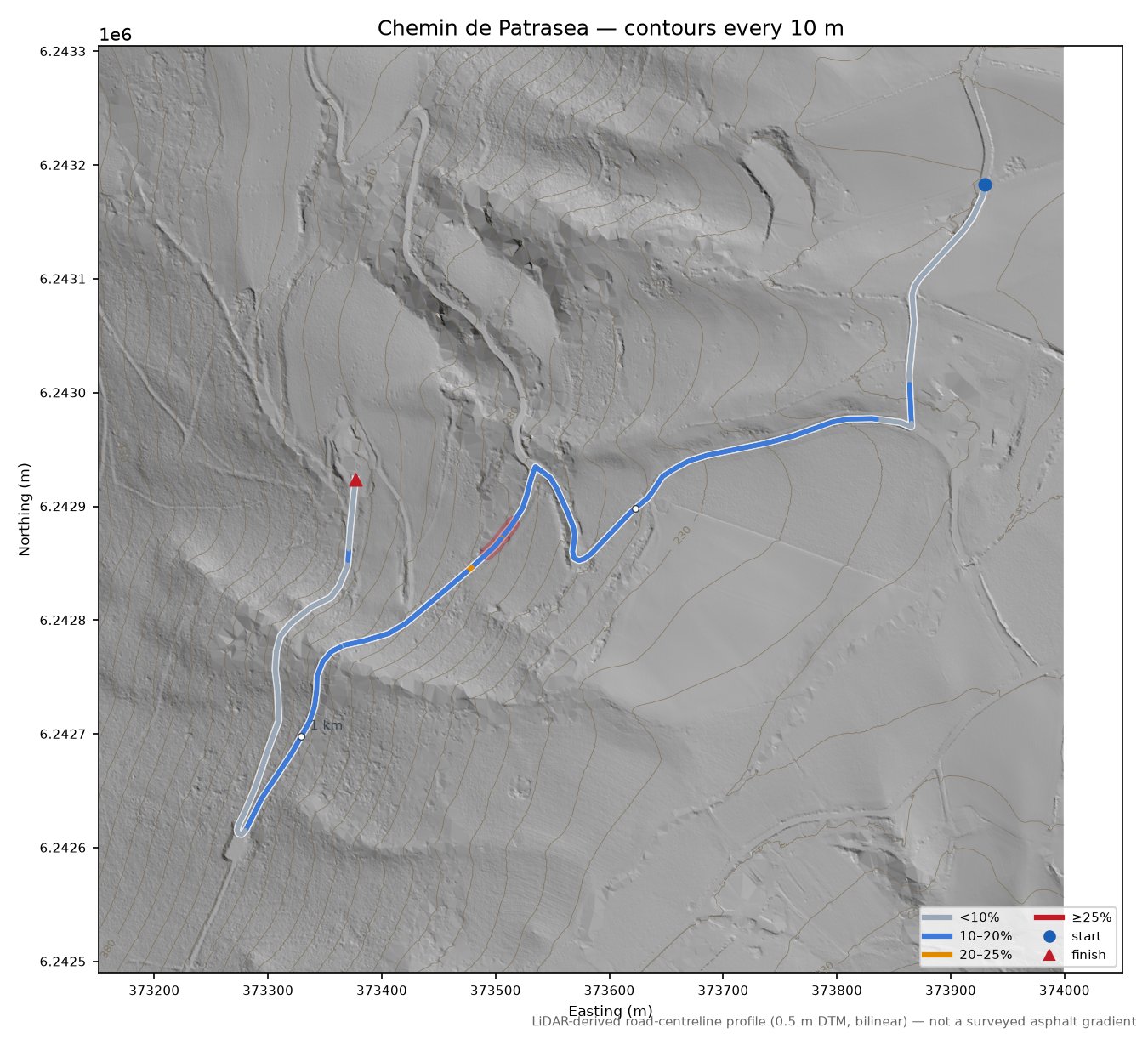 Chemin de Patrasea LiDAR hillshade map with contours