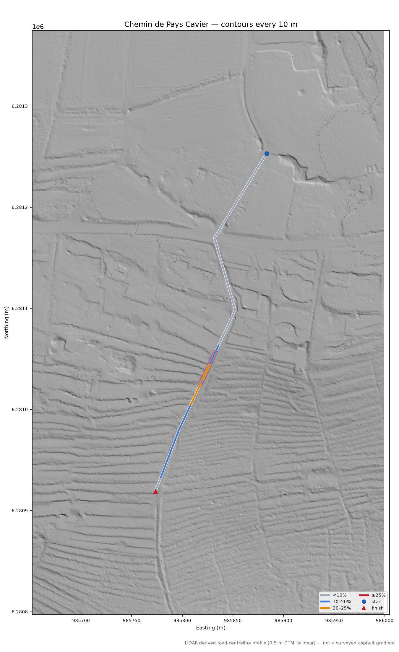 Chemin de Pays Cavier LiDAR hillshade map with contours
