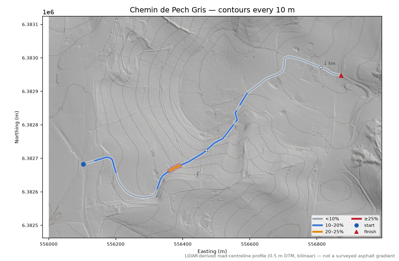 Chemin de Pech Gris LiDAR hillshade map with contours