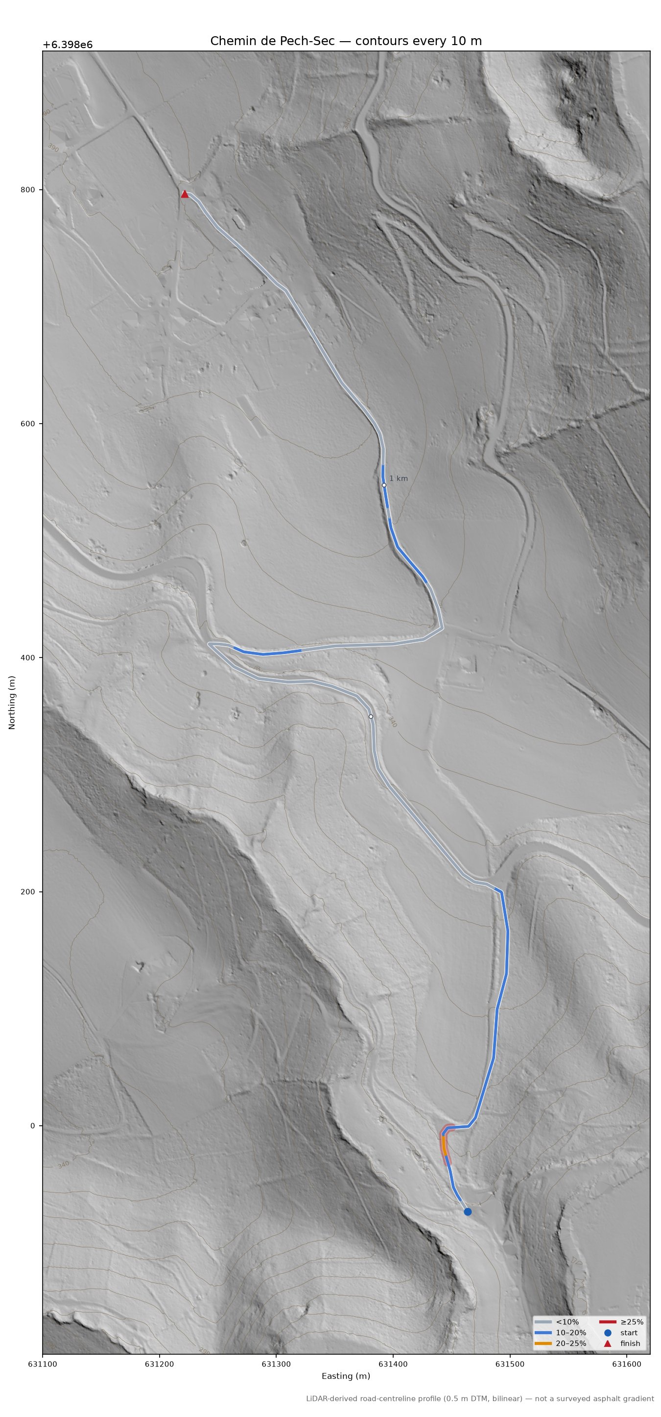 Chemin de Pech-Sec LiDAR hillshade map with contours