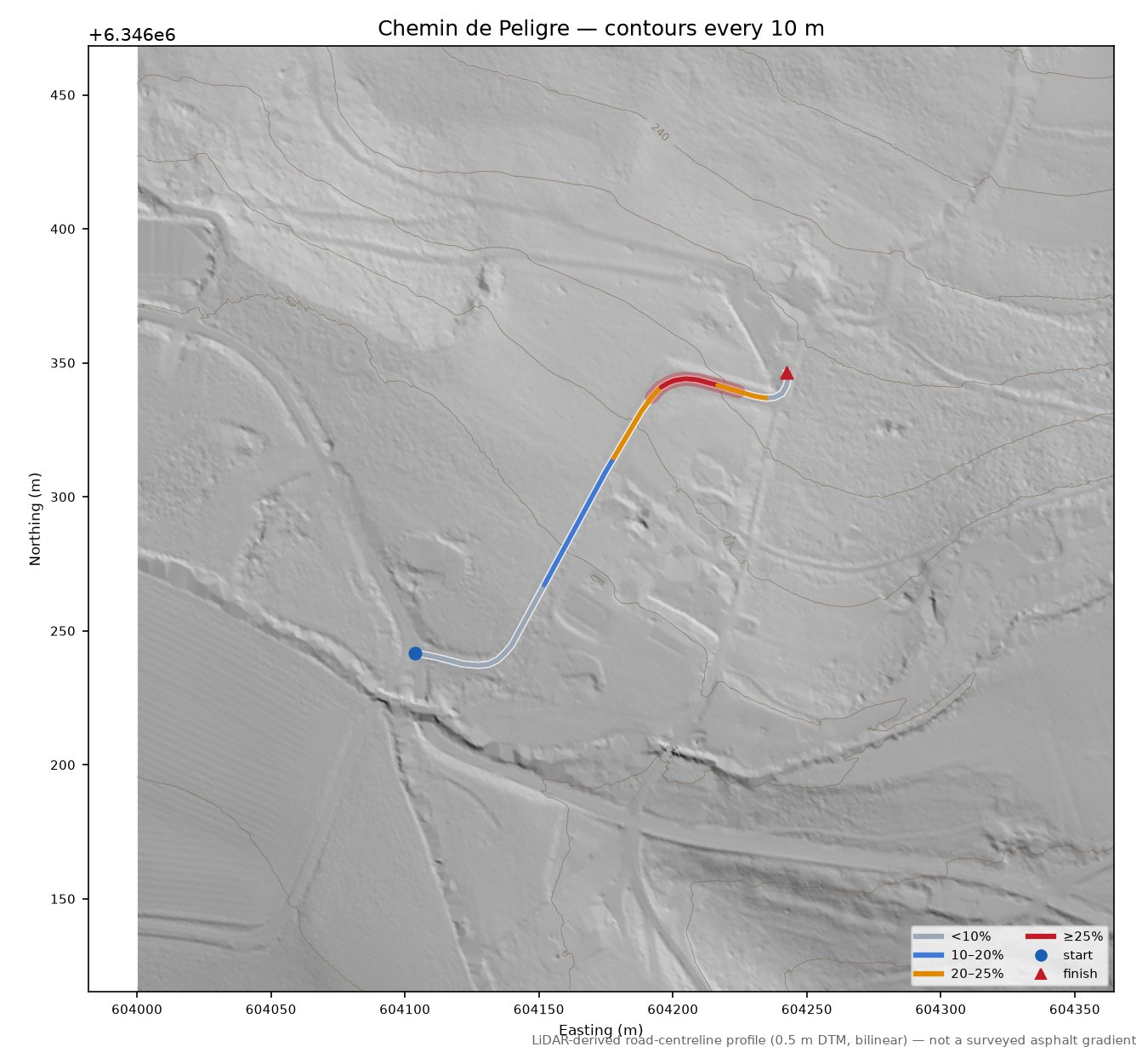 Chemin de Peligre LiDAR hillshade map with contours