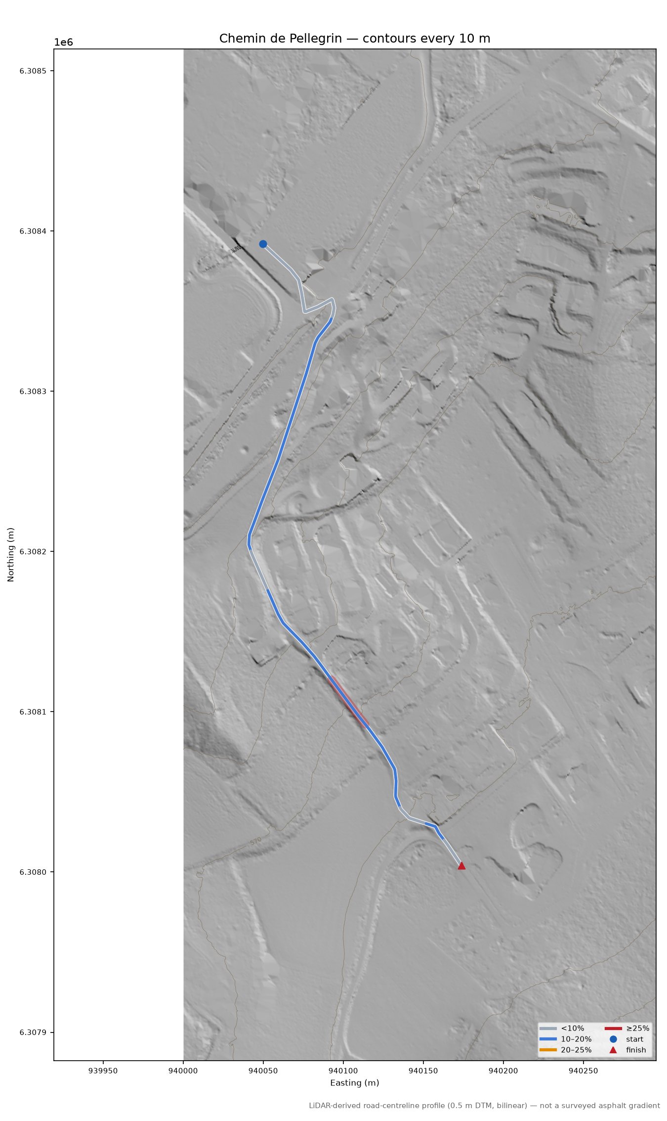 Chemin de Pellegrin LiDAR hillshade map with contours