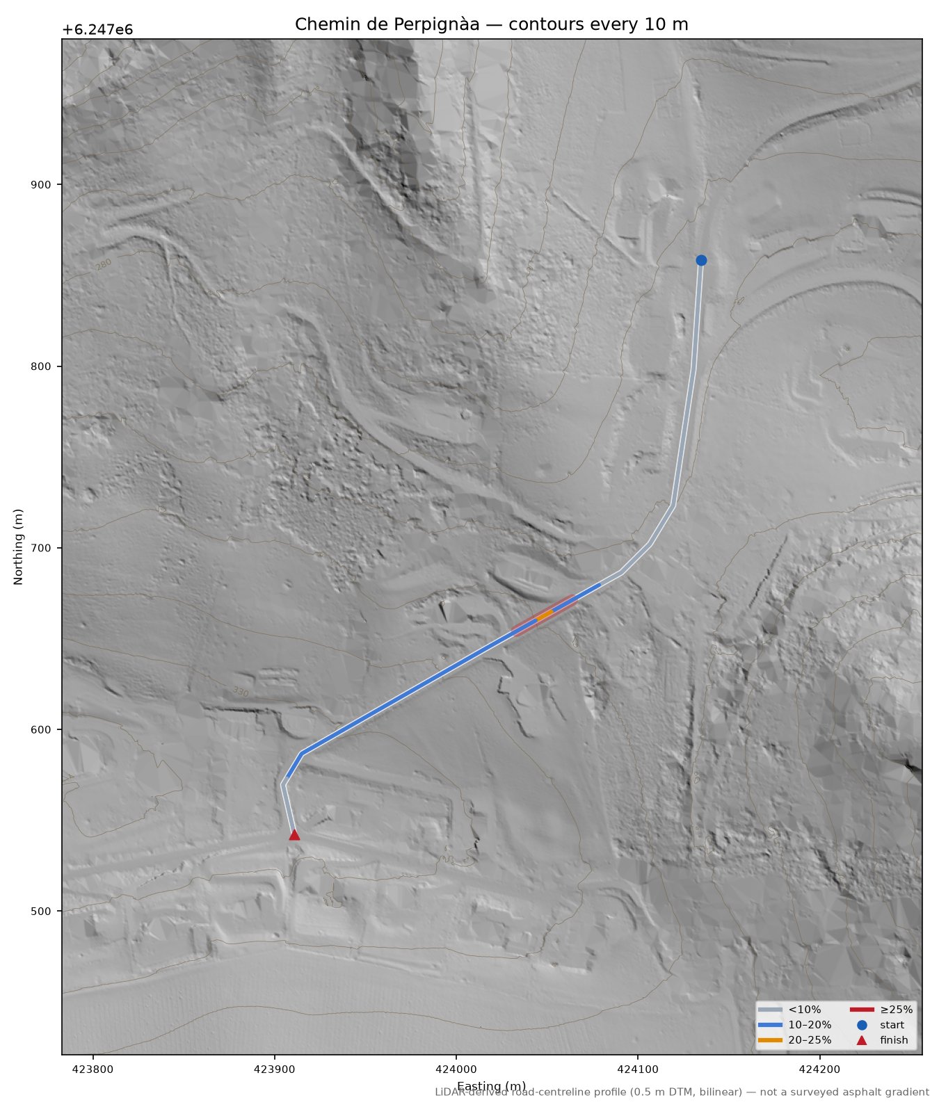 Chemin de Perpignàa LiDAR hillshade map with contours