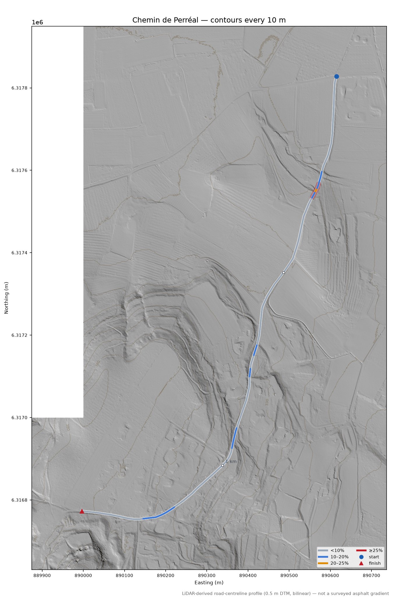 Chemin de Perréal LiDAR hillshade map with contours