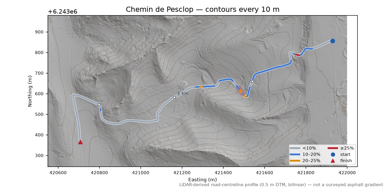 Chemin de Pesclop LiDAR hillshade map with contours