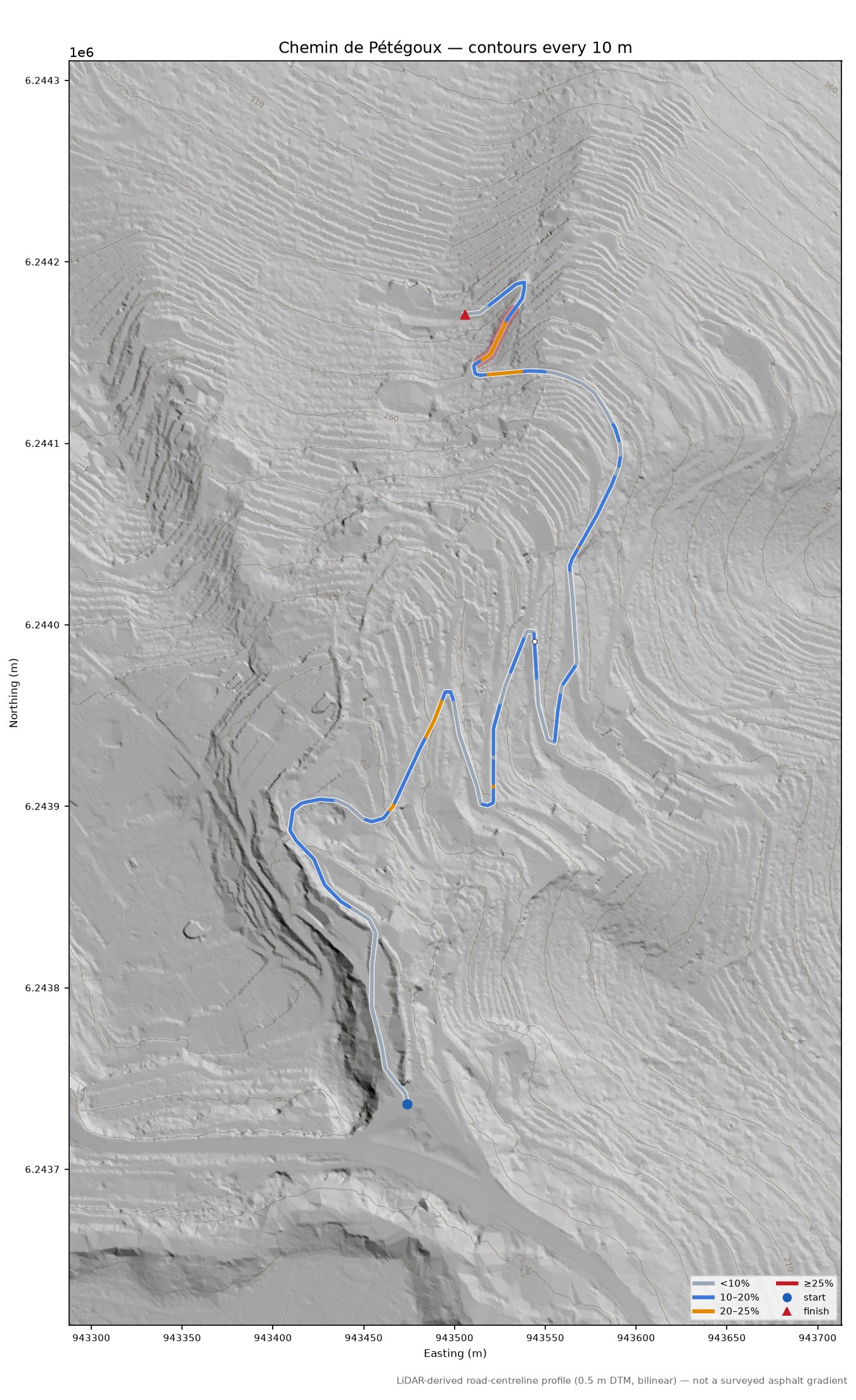 Chemin de Pétégoux LiDAR hillshade map with contours