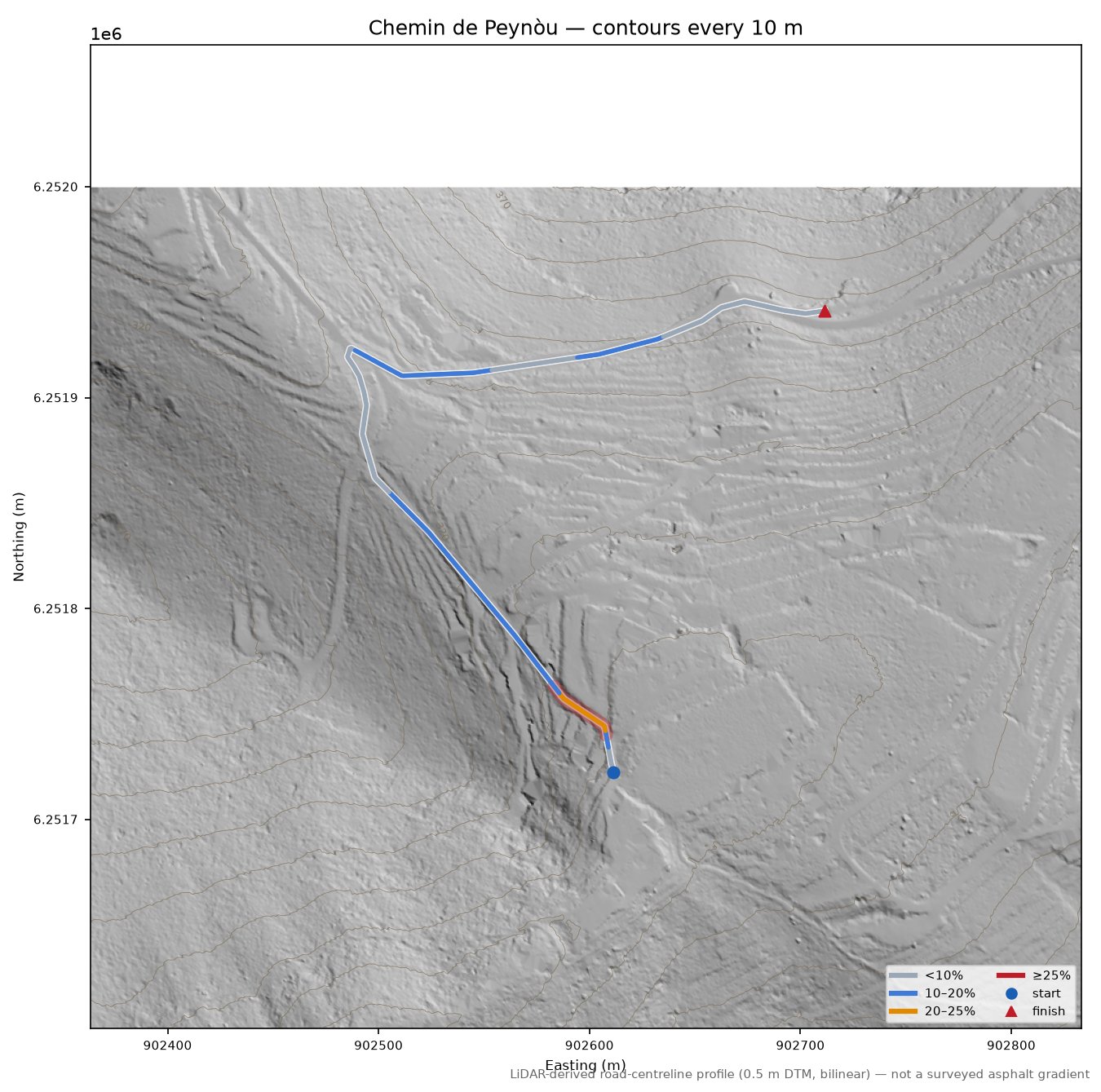 Chemin de Peynòu LiDAR hillshade map with contours