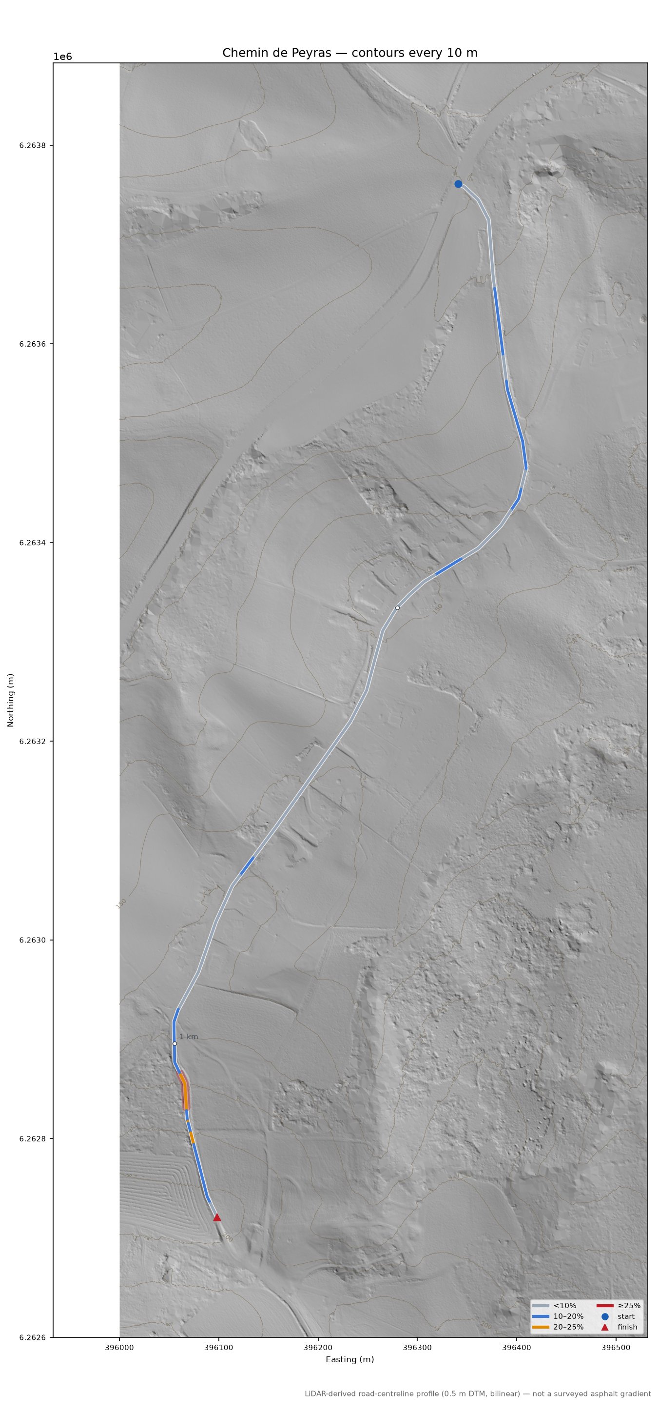 Chemin de Peyras LiDAR hillshade map with contours