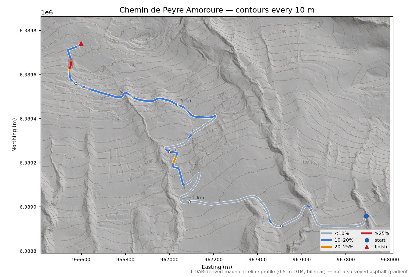 Chemin de Peyre Amoroure LiDAR hillshade map with contours