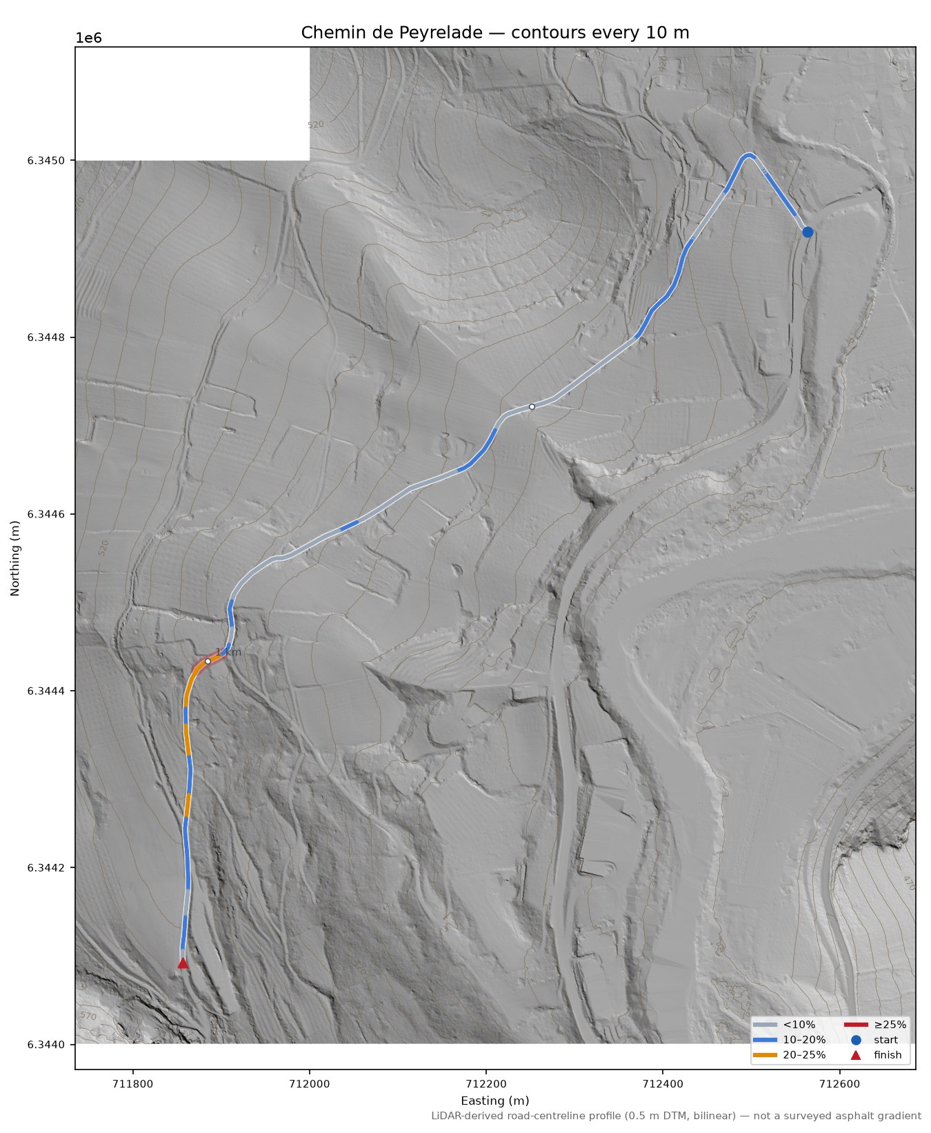 Chemin de Peyrelade LiDAR hillshade map with contours
