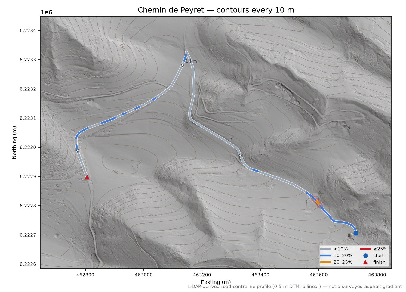 Chemin de Peyret LiDAR hillshade map with contours