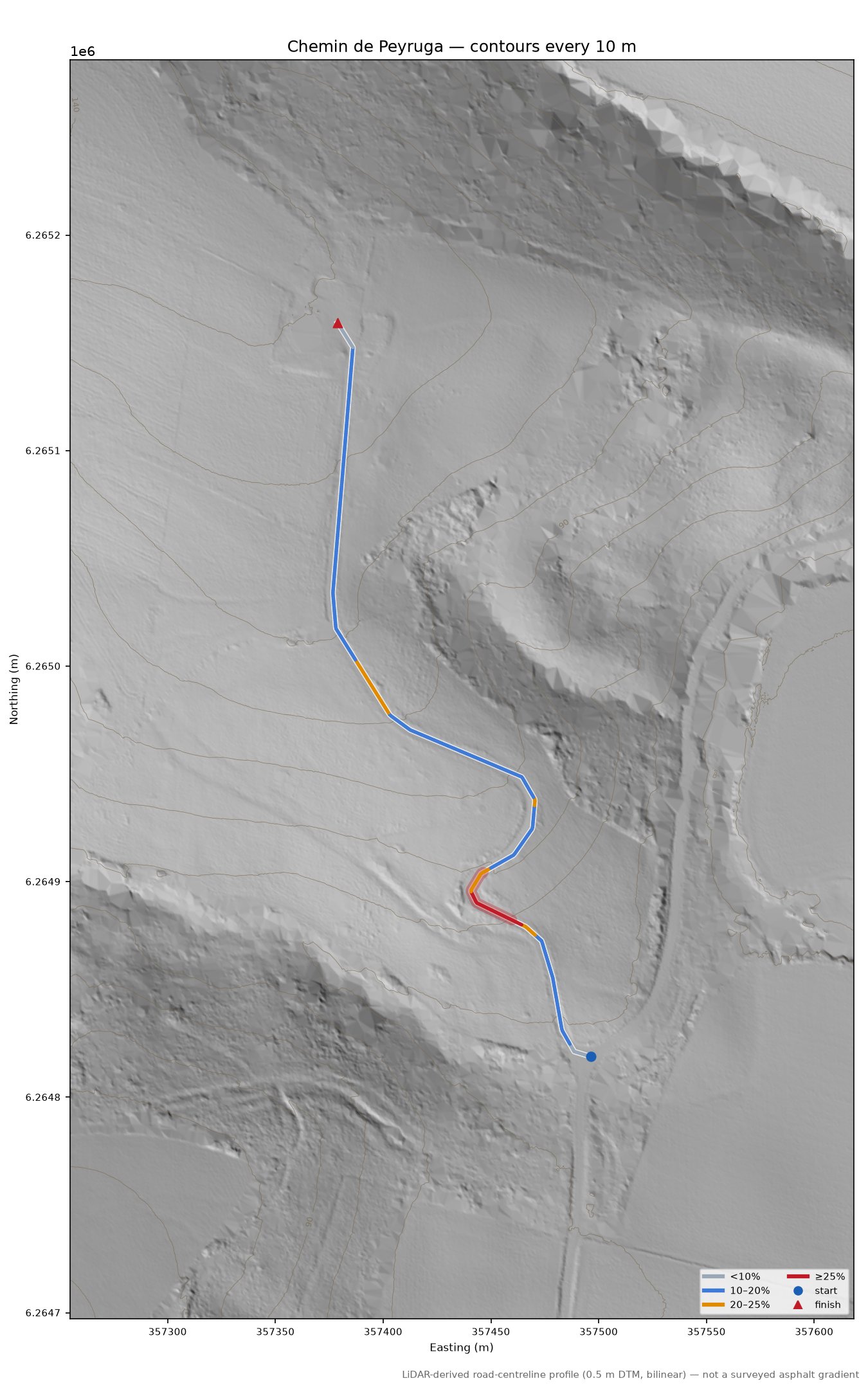Chemin de Peyruga LiDAR hillshade map with contours