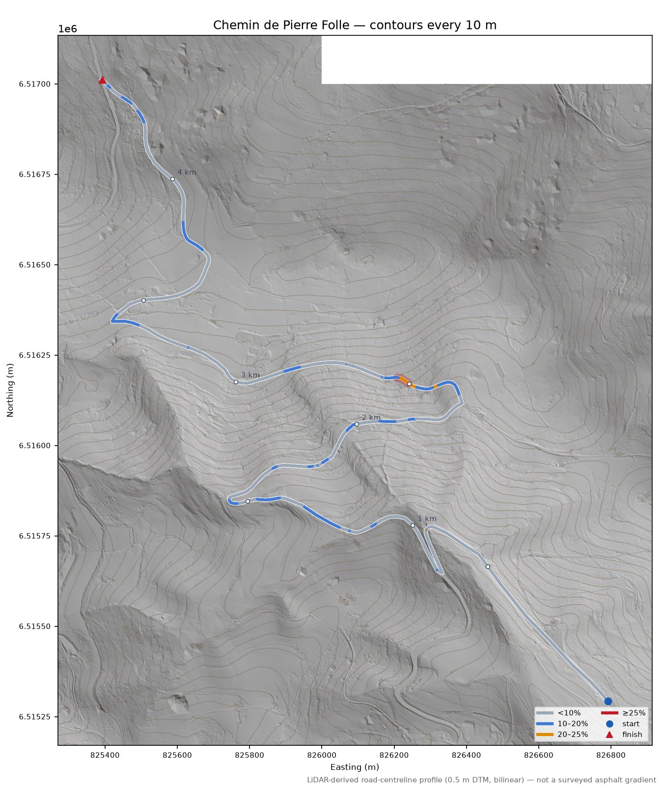 Chemin de Pierre Folle LiDAR hillshade map with contours