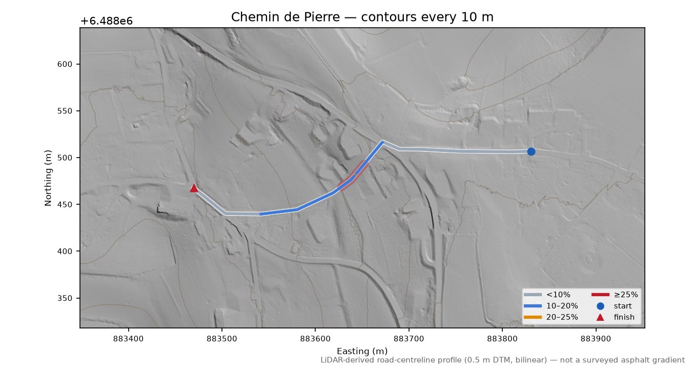 Chemin de Pierre LiDAR hillshade map with contours