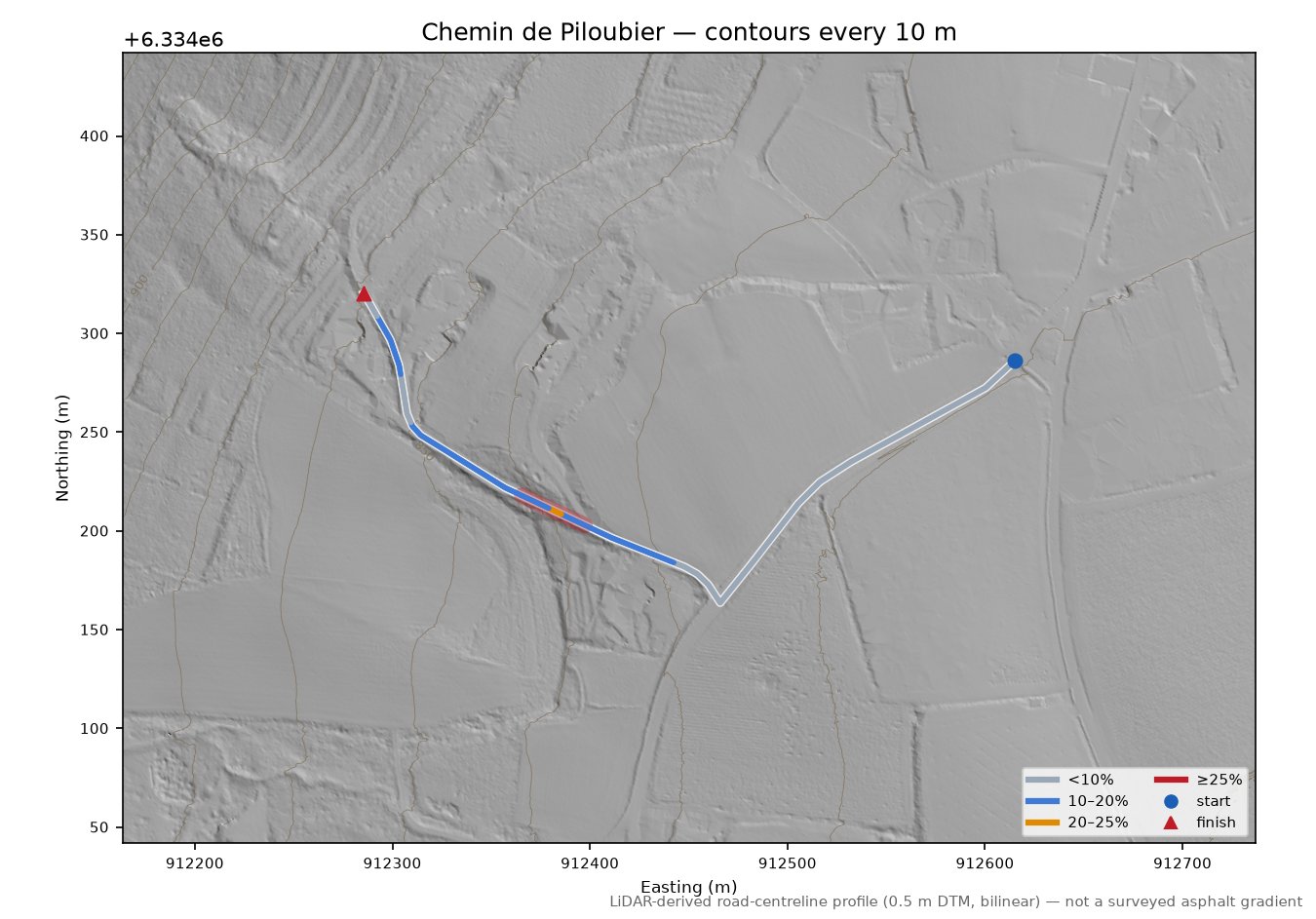Chemin de Piloubier LiDAR hillshade map with contours