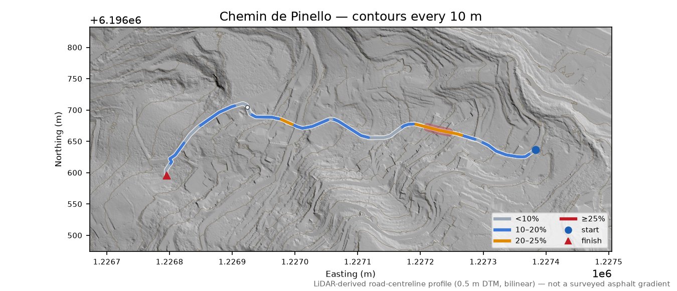 Chemin de Pinello LiDAR hillshade map with contours