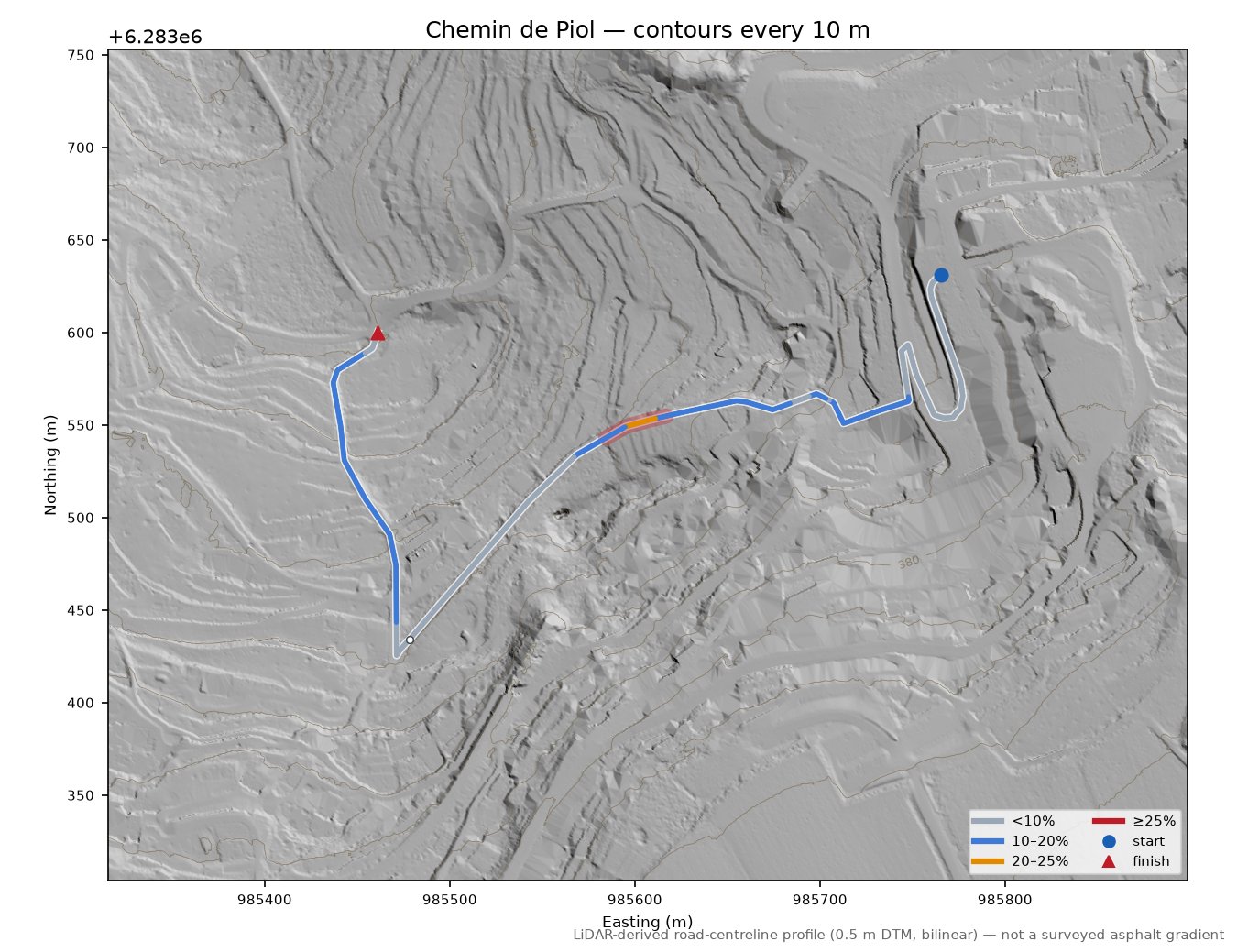 Chemin de Piol LiDAR hillshade map with contours