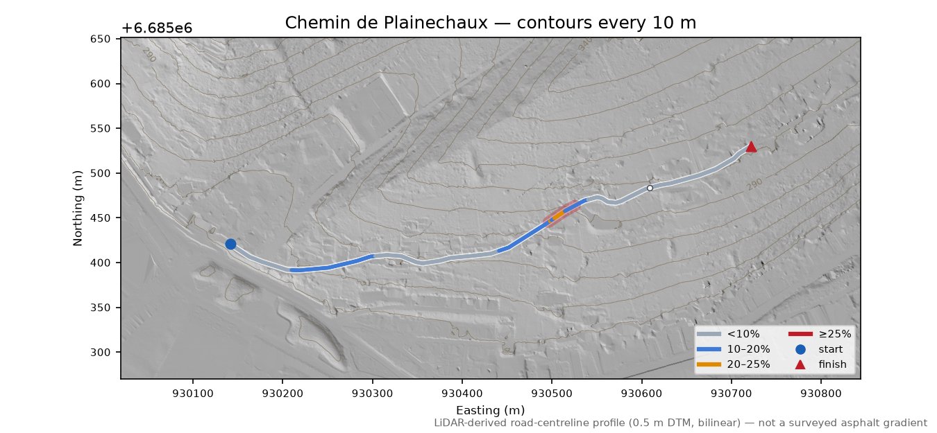 Chemin de Plainechaux LiDAR hillshade map with contours