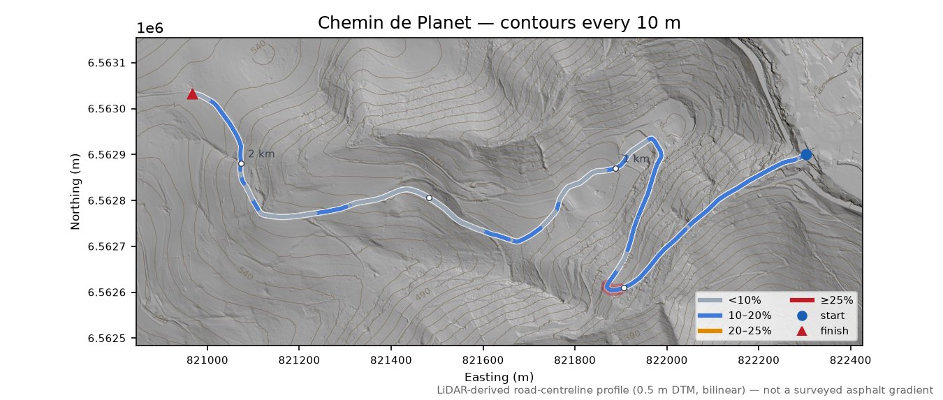 Chemin de Planet LiDAR hillshade map with contours