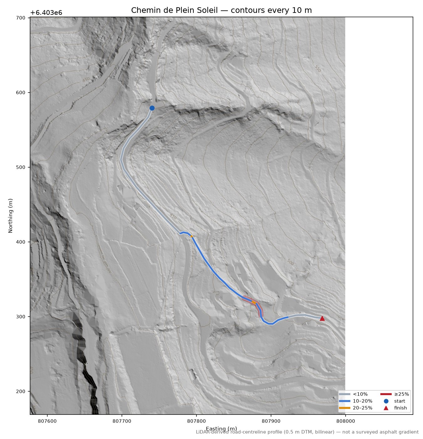 Chemin de Plein Soleil LiDAR hillshade map with contours