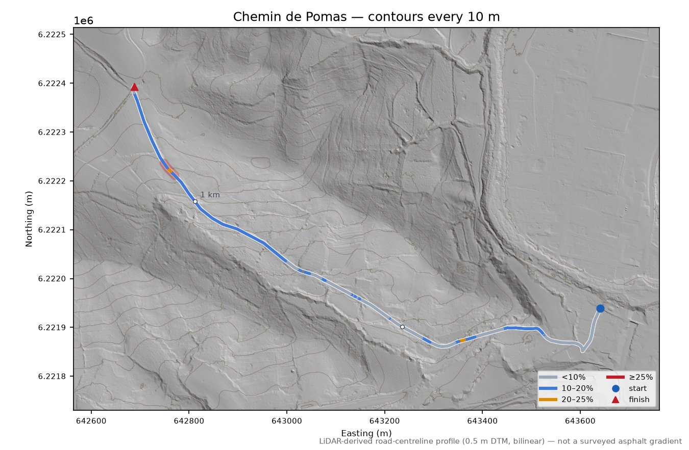 Chemin de Pomas LiDAR hillshade map with contours