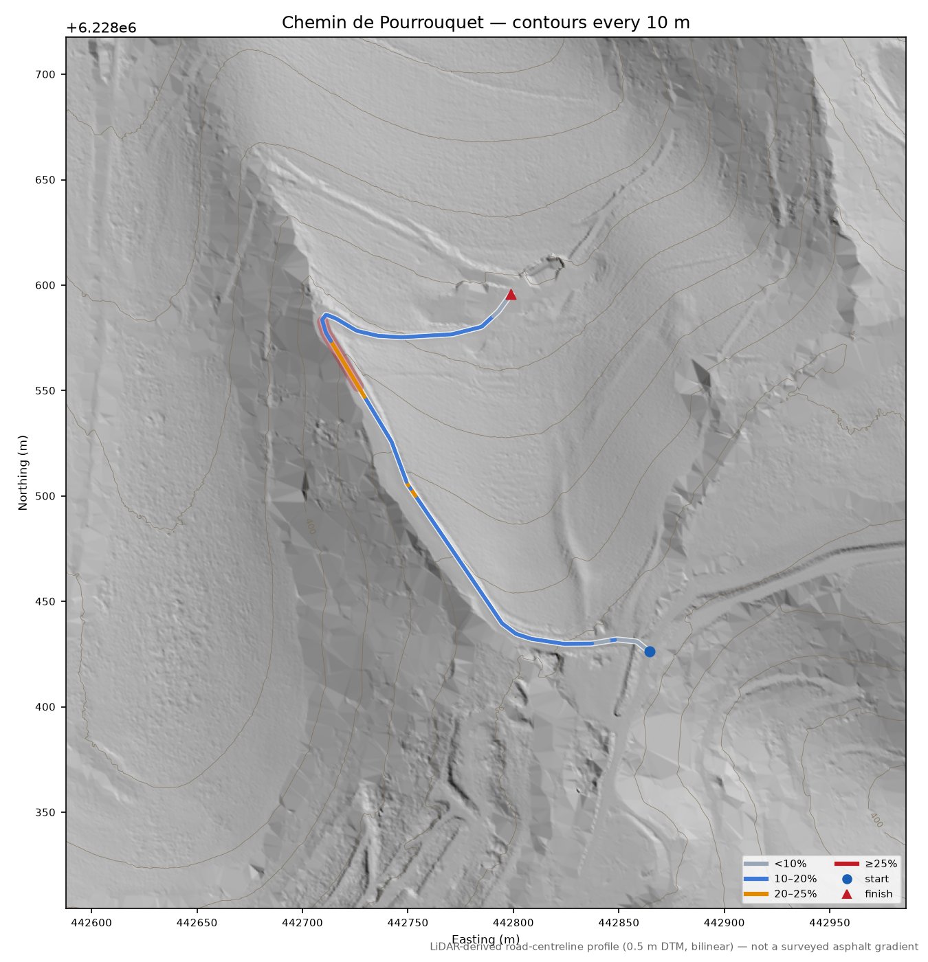 Chemin de Pourrouquet LiDAR hillshade map with contours