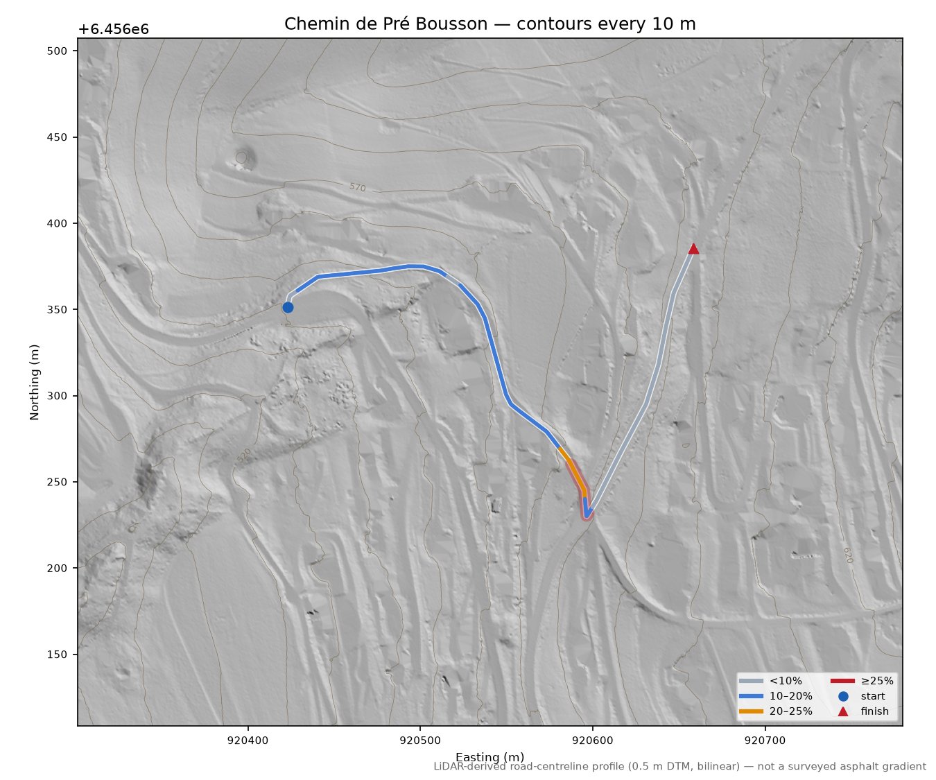 Chemin de Pré Bousson LiDAR hillshade map with contours
