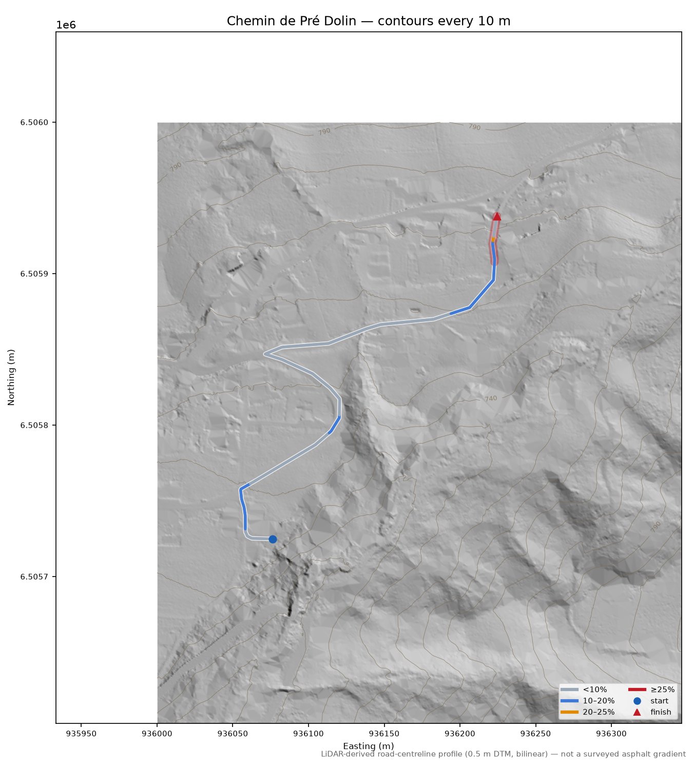 Chemin de Pré Dolin LiDAR hillshade map with contours