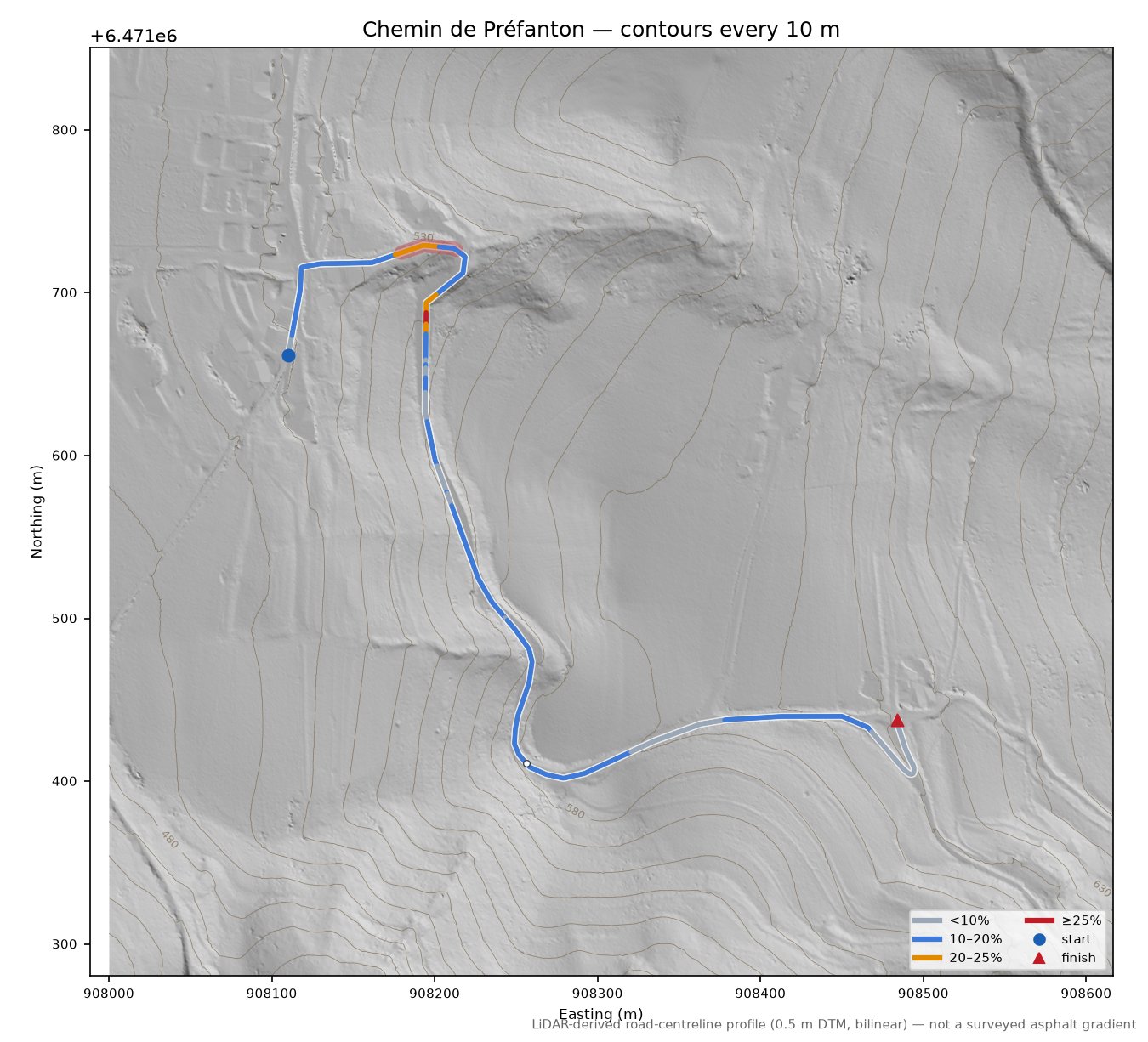 Chemin de Préfanton LiDAR hillshade map with contours
