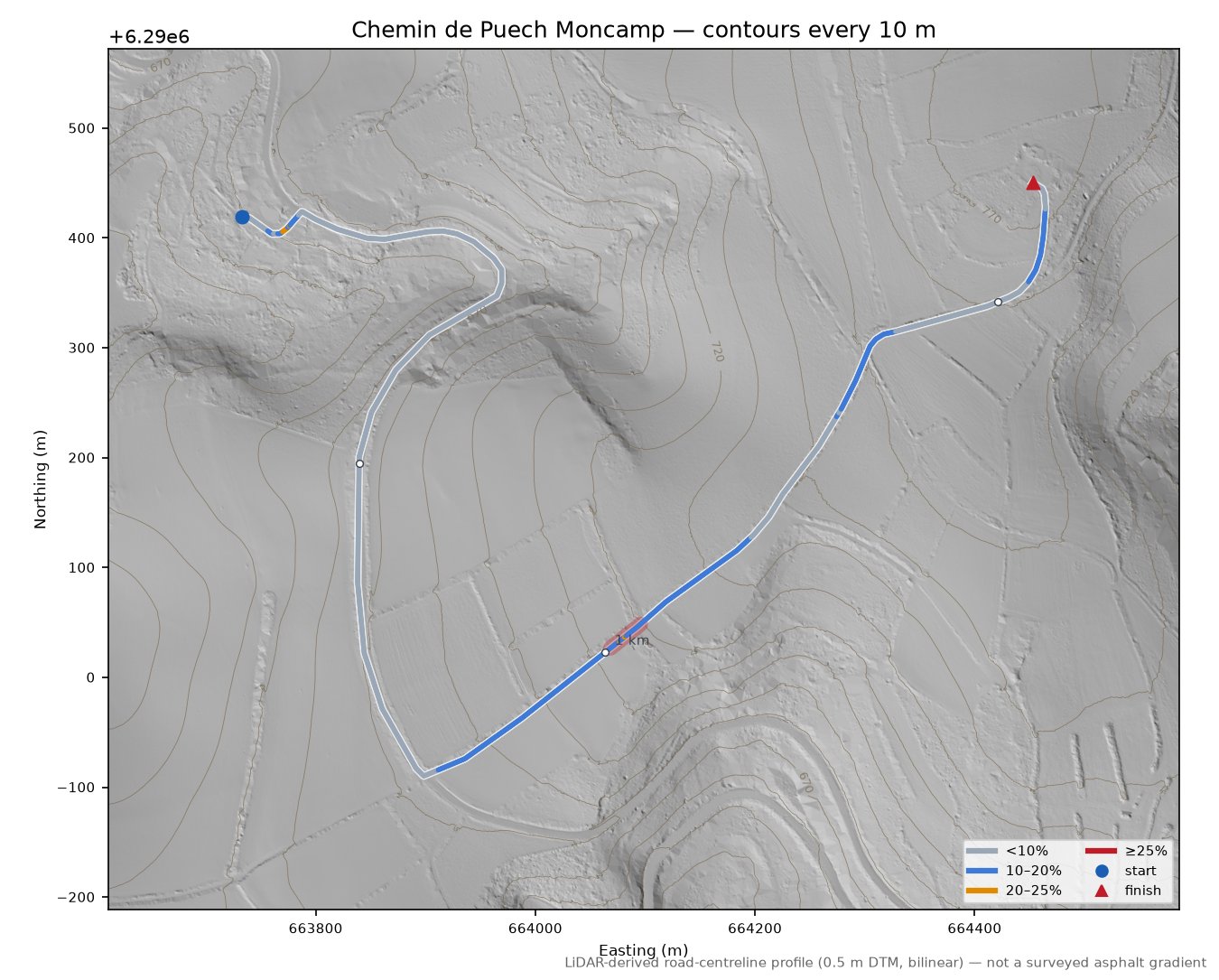 Chemin de Puech Moncamp LiDAR hillshade map with contours