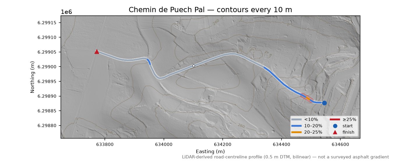 Chemin de Puech Pal LiDAR hillshade map with contours