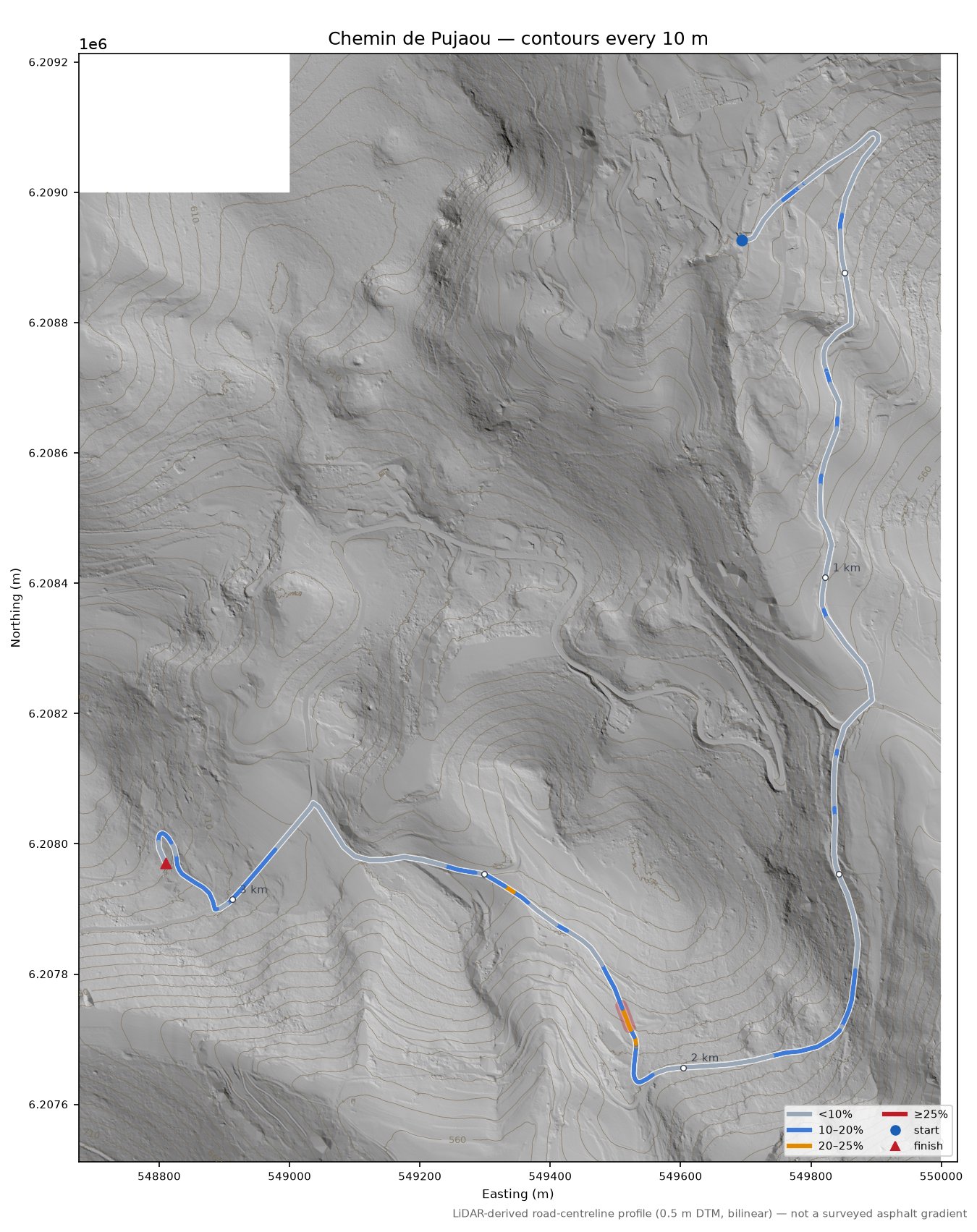 Chemin de Pujaou LiDAR hillshade map with contours