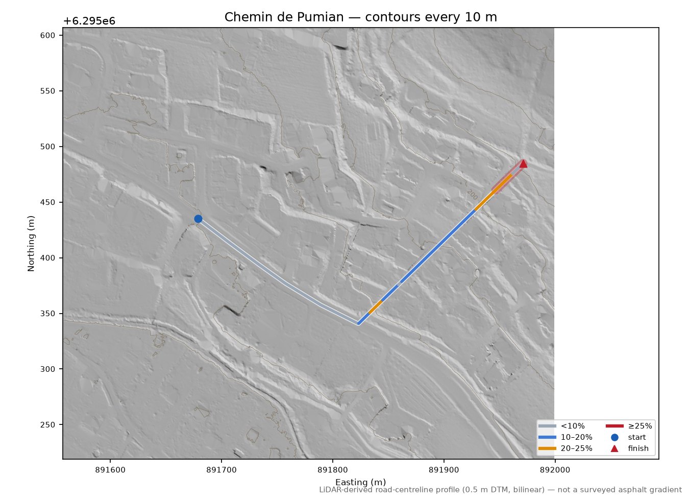 Chemin de Pumian LiDAR hillshade map with contours