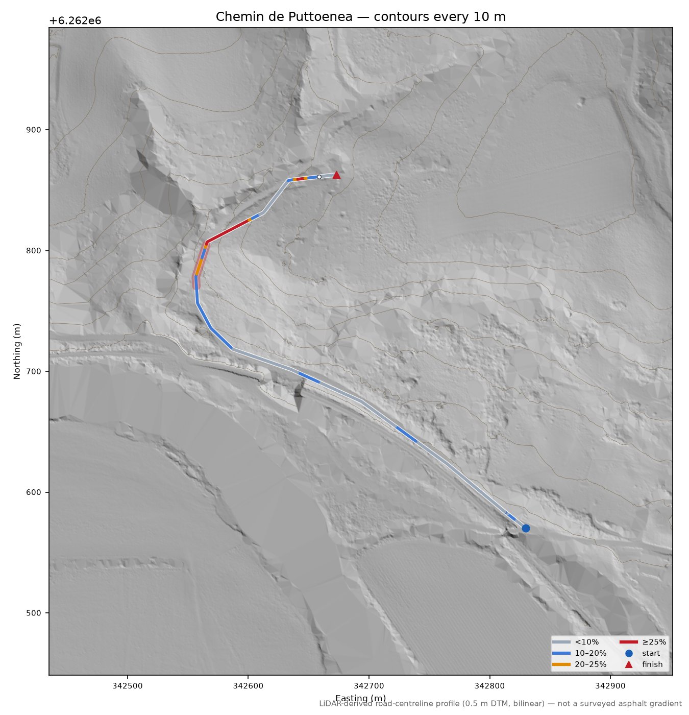 Chemin de Puttoenea LiDAR hillshade map with contours