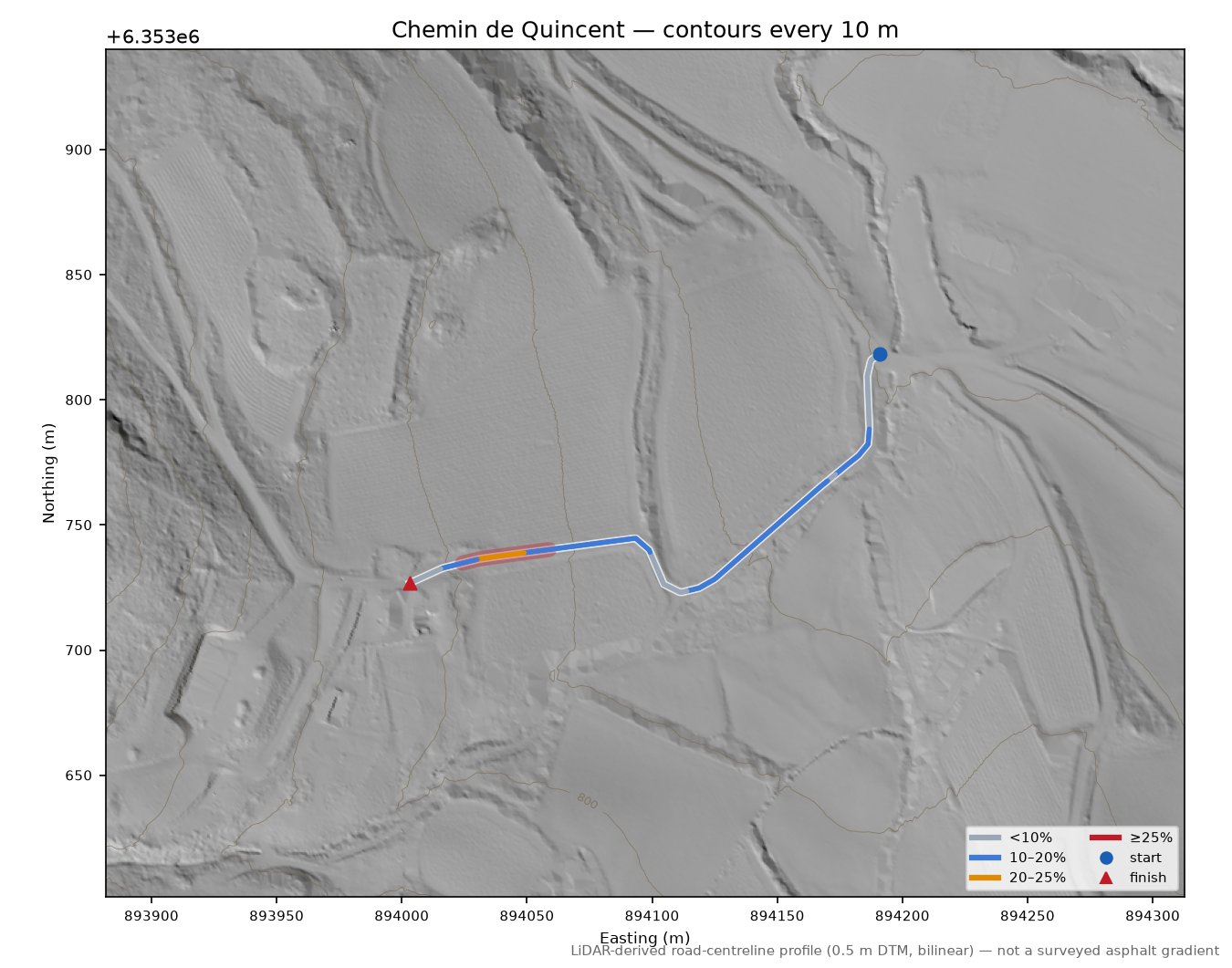 Chemin de Quincent LiDAR hillshade map with contours